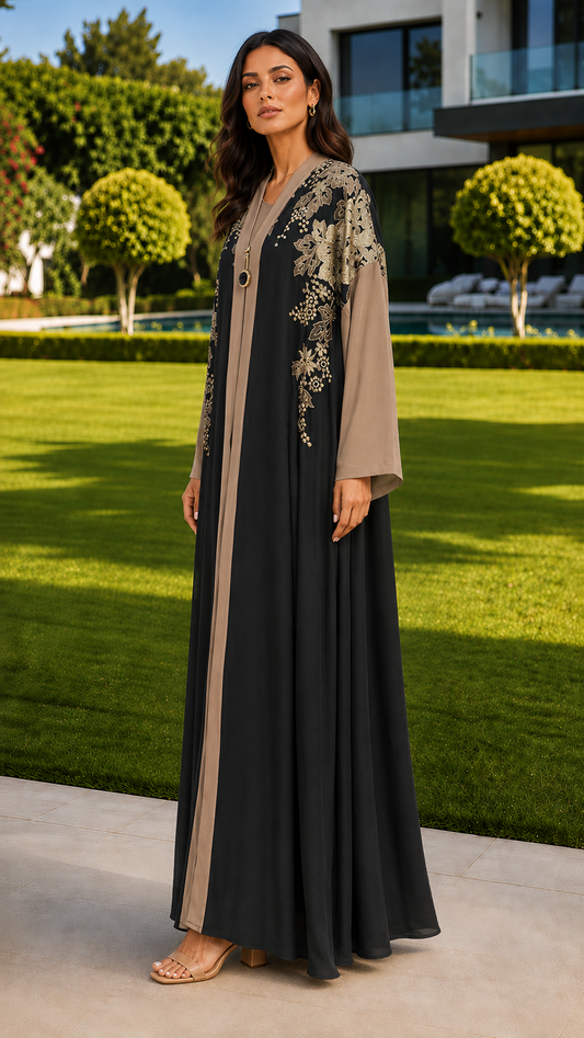 Noor black and taupe floral embroidered open abaya for women by Rayyan & Co. with elegant gold detailing