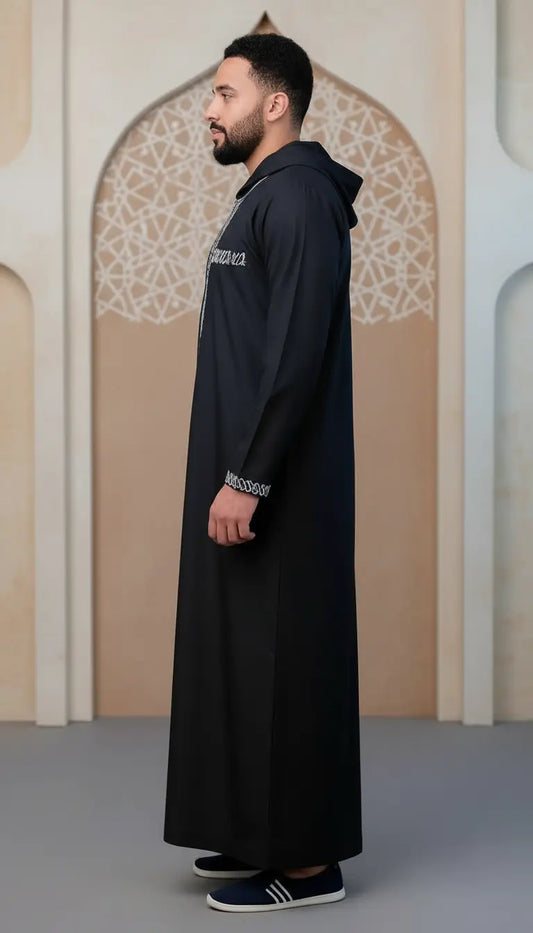 Rayan Prestige black men’s thobe by Rayyan & Co. with subtle detailing and elegant Islamic menswear design