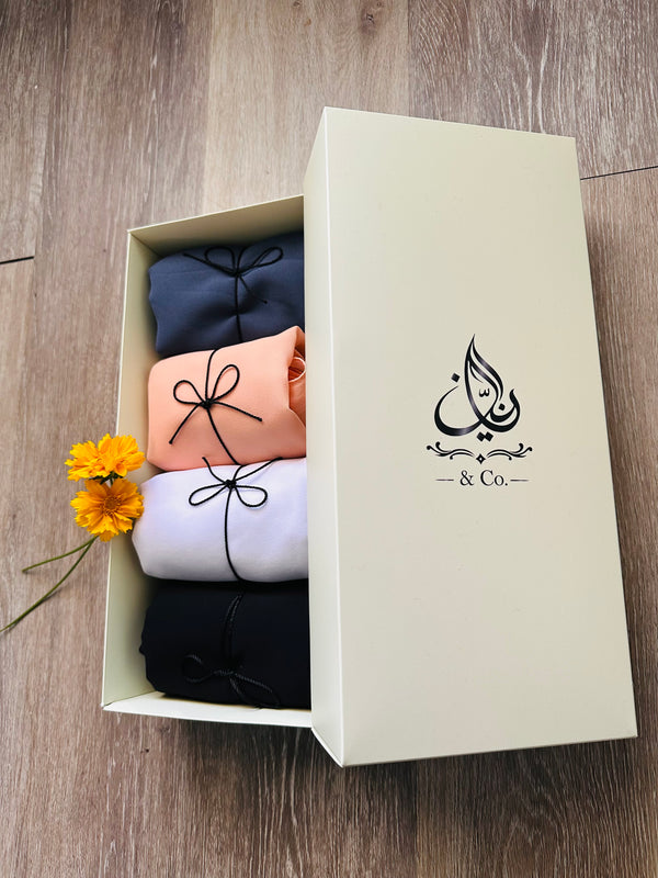 4 piece muslim chiffon Hijab. Good quality, washable and wrinkled free.