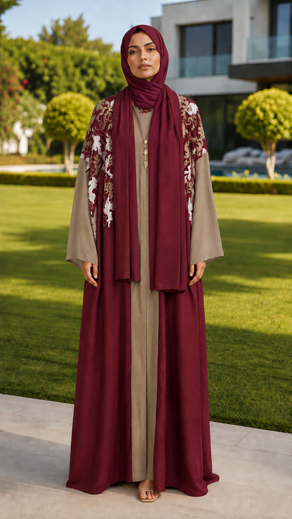 Maroon floral embroidered open abaya with taupe inner dress and matching hijab for women by Rayyan & Co.