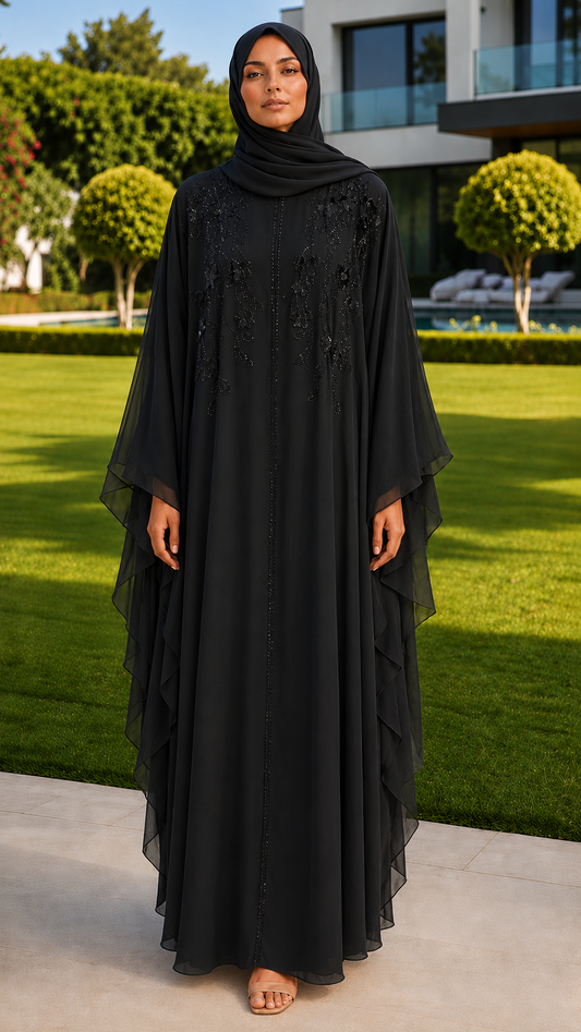Liyana black beaded floral embroidered abaya with matching hijab for women by Rayyan & Co.