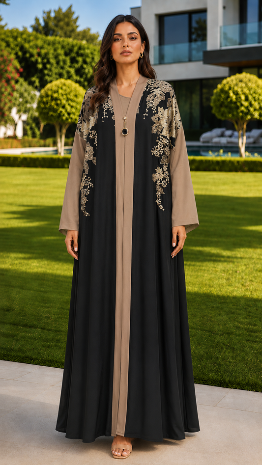 Noor black and taupe floral embroidered open abaya for women by Rayyan & Co. with elegant gold detailing