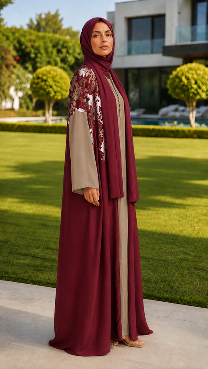 Maroon floral embroidered open abaya with taupe inner dress and matching hijab for women by Rayyan & Co.