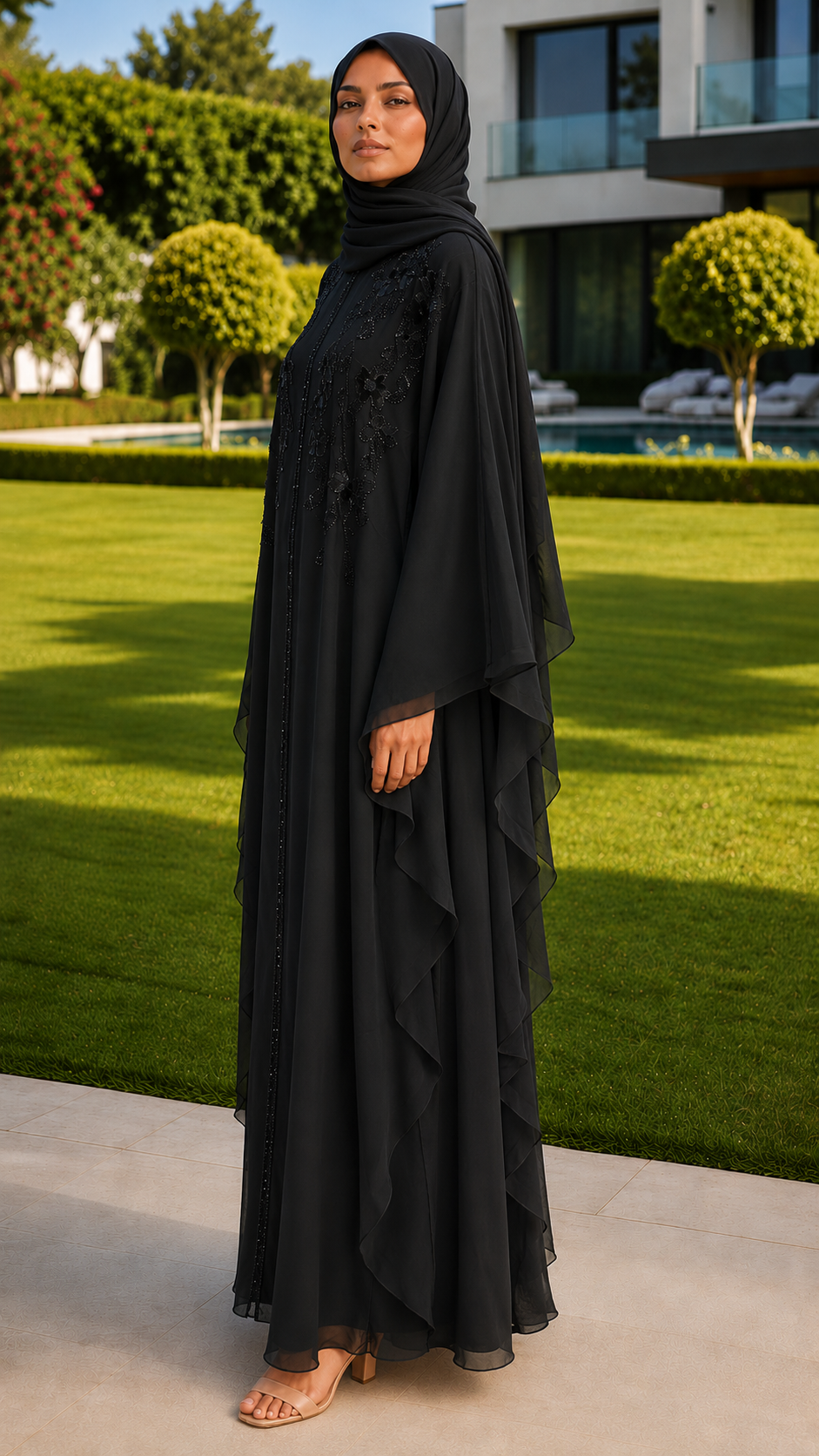Liyana black beaded floral embroidered abaya with matching hijab for women by Rayyan & Co.