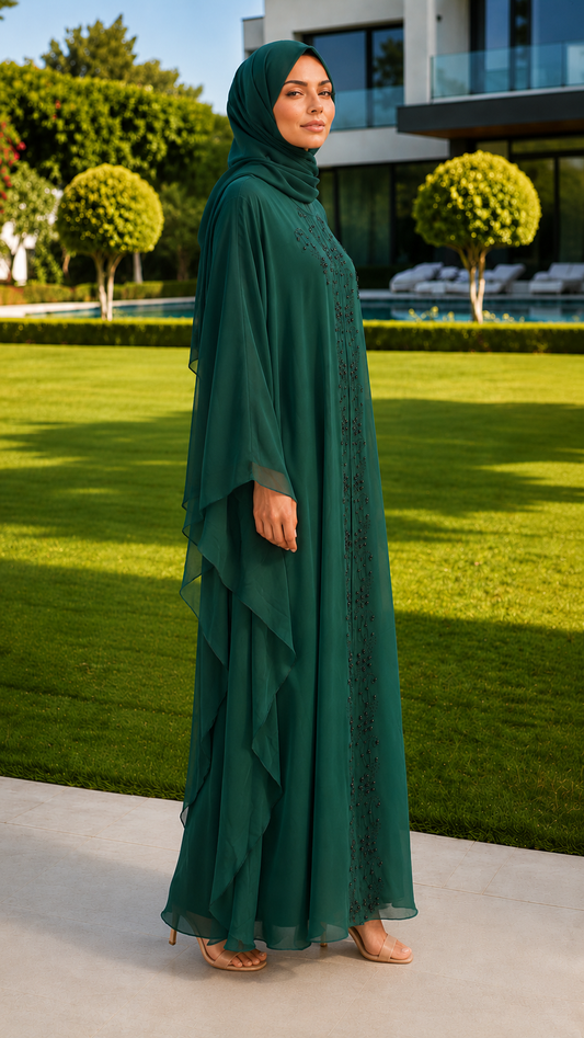 Emerald green beaded abaya with matching hijab for women by Rayyan & Co. with flowing cape sleeves and embellished front design