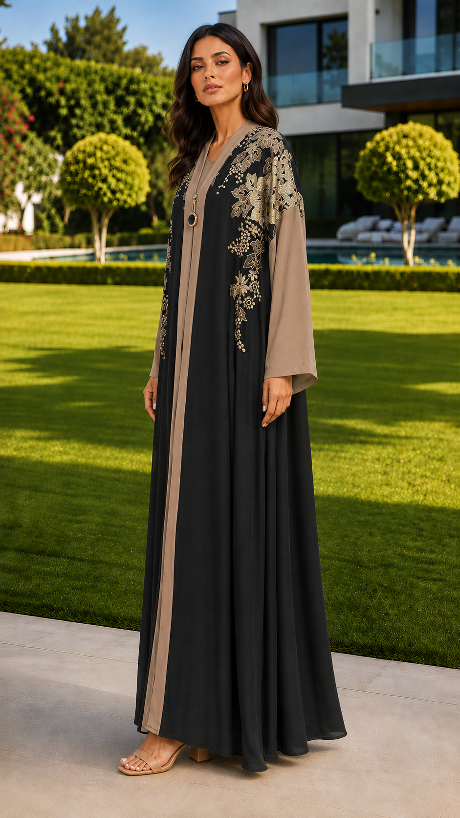Noor black and taupe floral embroidered open abaya for women by Rayyan & Co. with elegant gold detailing