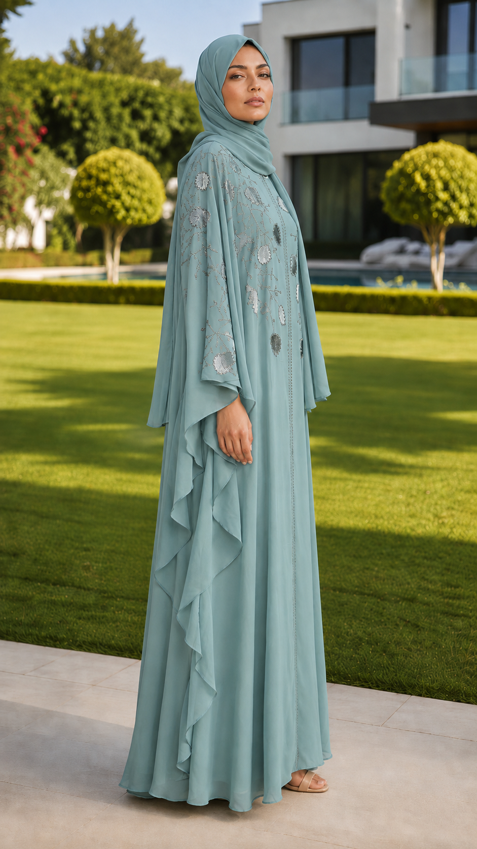 Amani sky blue floral embroidered abaya with matching hijab for women by Rayyan & Co.