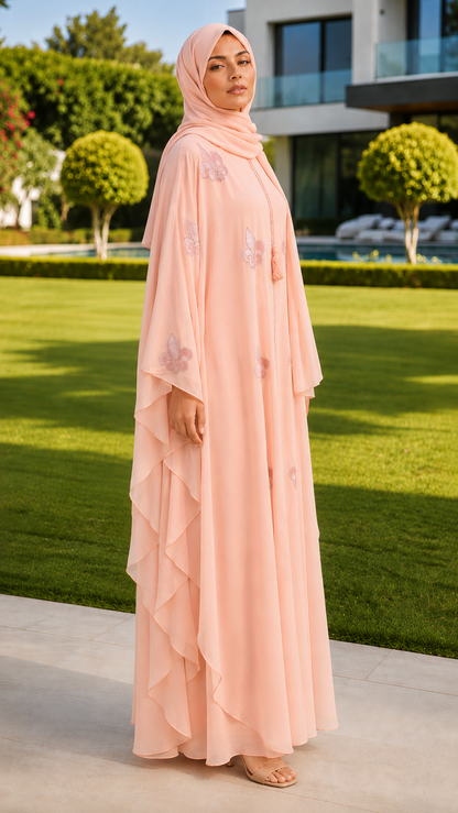 Zahra blush pink embroidered abaya with matching hijab for women by Rayyan & Co.