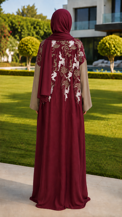 Maroon floral embroidered open abaya with taupe inner dress and matching hijab for women by Rayyan & Co.