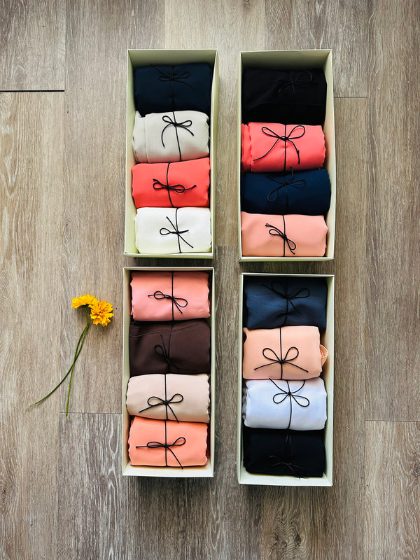 4 piece muslim chiffon Hijab. Good quality, washable and wrinkled free.