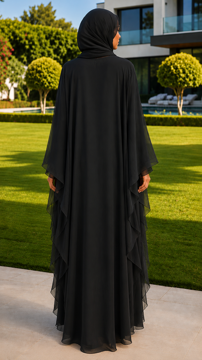 Liyana black beaded floral embroidered abaya with matching hijab for women by Rayyan & Co.