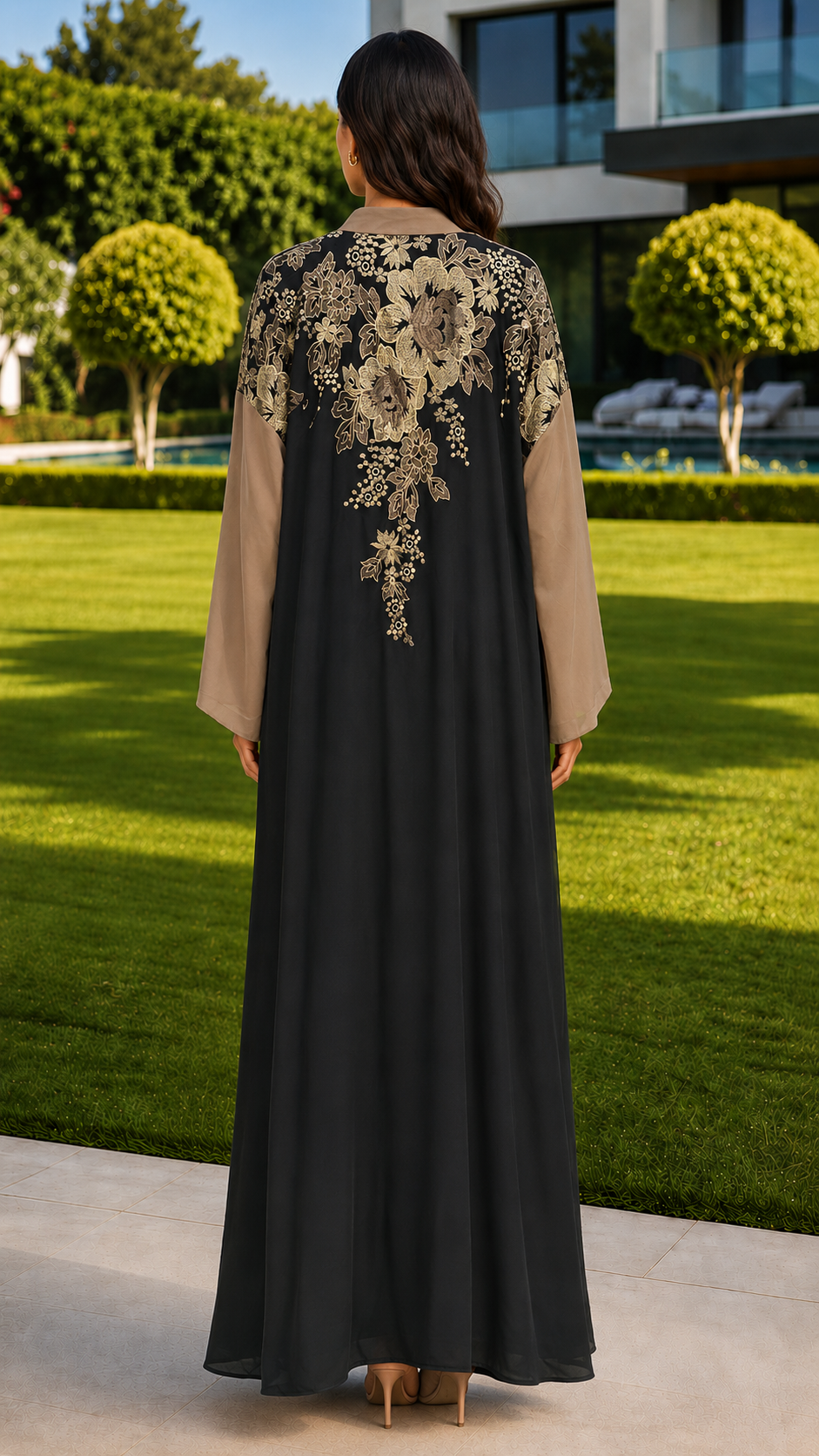 Noor black and taupe floral embroidered open abaya for women by Rayyan & Co. with elegant gold detailing