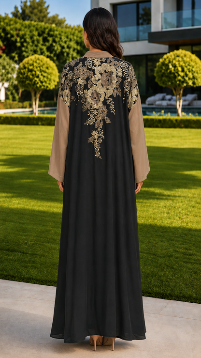 Noor black and taupe floral embroidered open abaya for women by Rayyan & Co. with elegant gold detailing