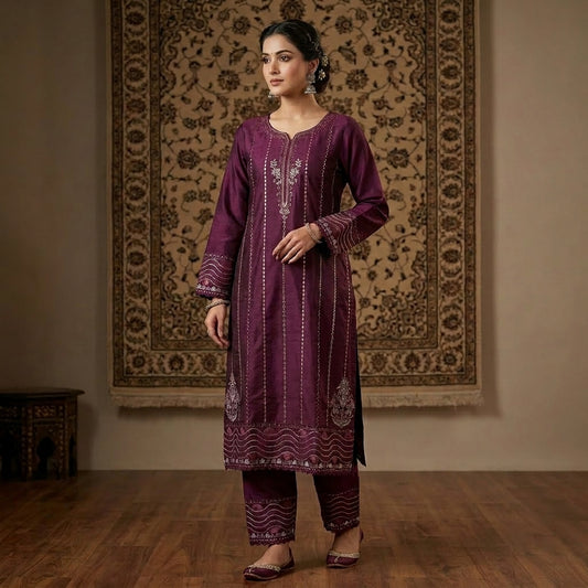 Zeenah plum embroidered cotton kurta with matching pants two-piece set for women by Rayyan & Co.