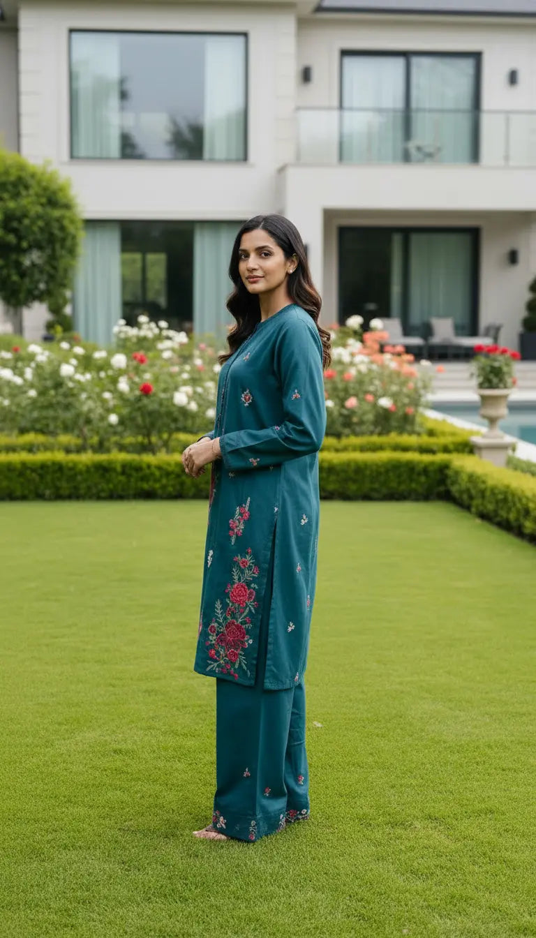 Amina Kurta Set – Teal Embroidered Kurta with Matching Pants
