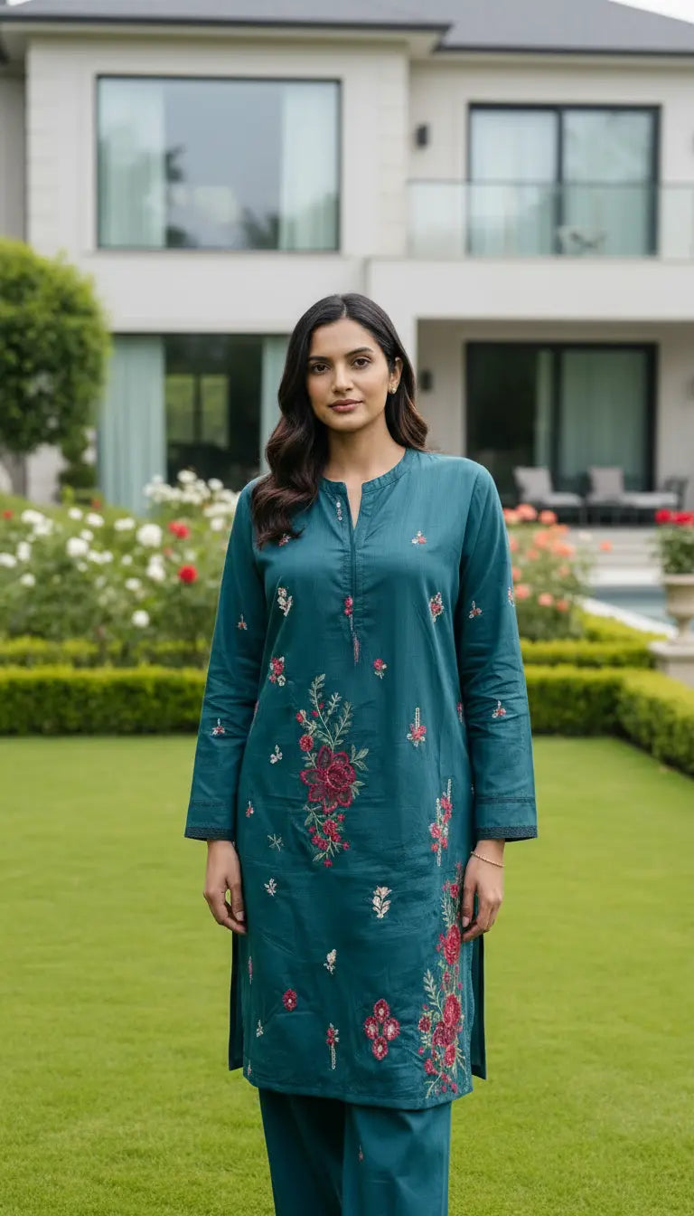 Amina Kurta Set – Teal Embroidered Kurta with Matching Pants