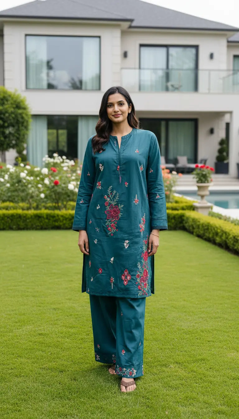 Amina Kurta Set – Teal Embroidered Kurta with Matching Pants