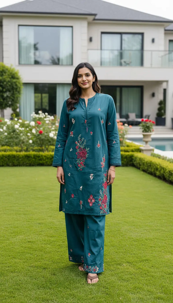 Amina Kurta Set – Teal Embroidered Kurta with Matching Pants