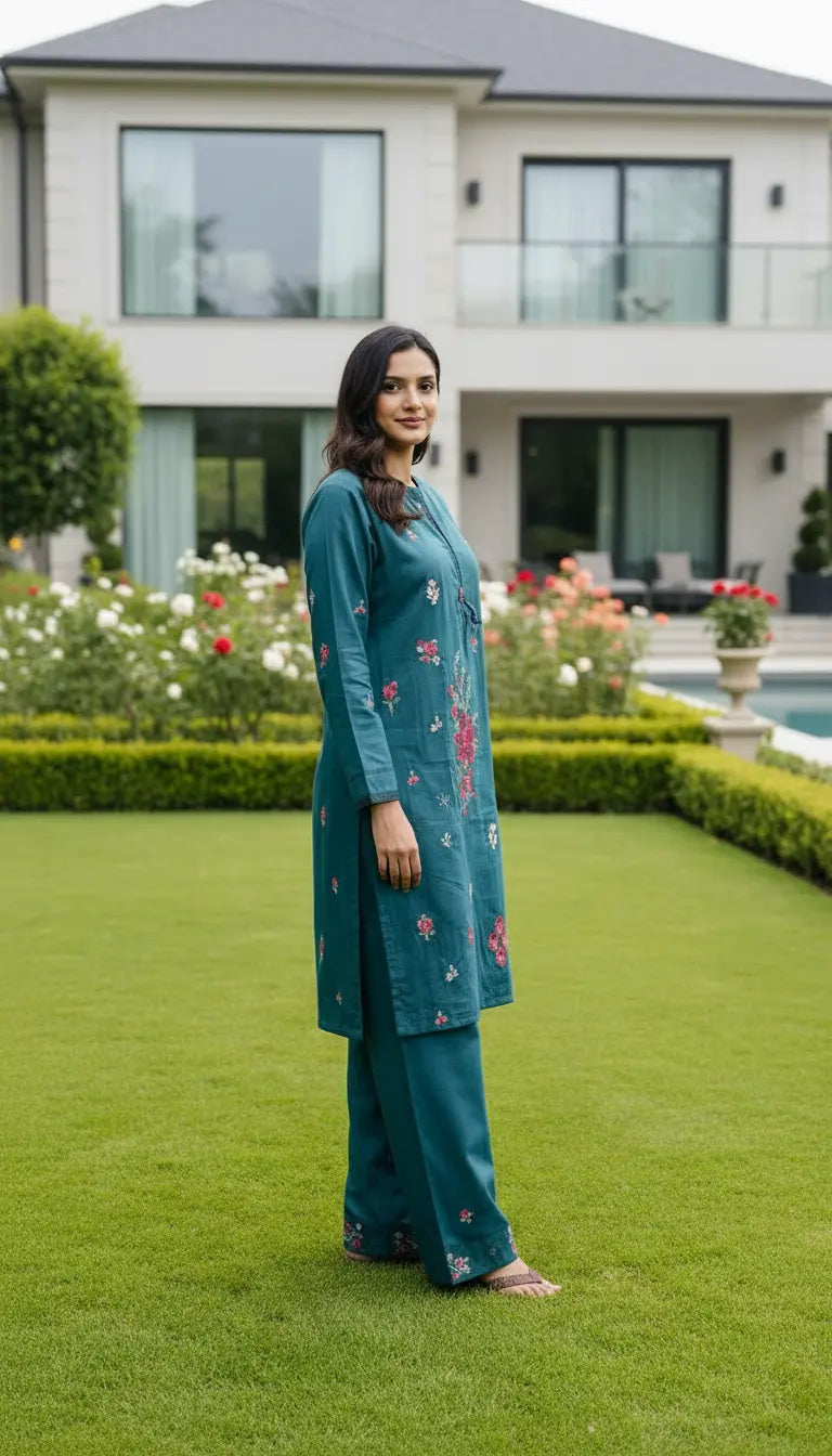Amina Kurta Set – Teal Embroidered Kurta with Matching Pants