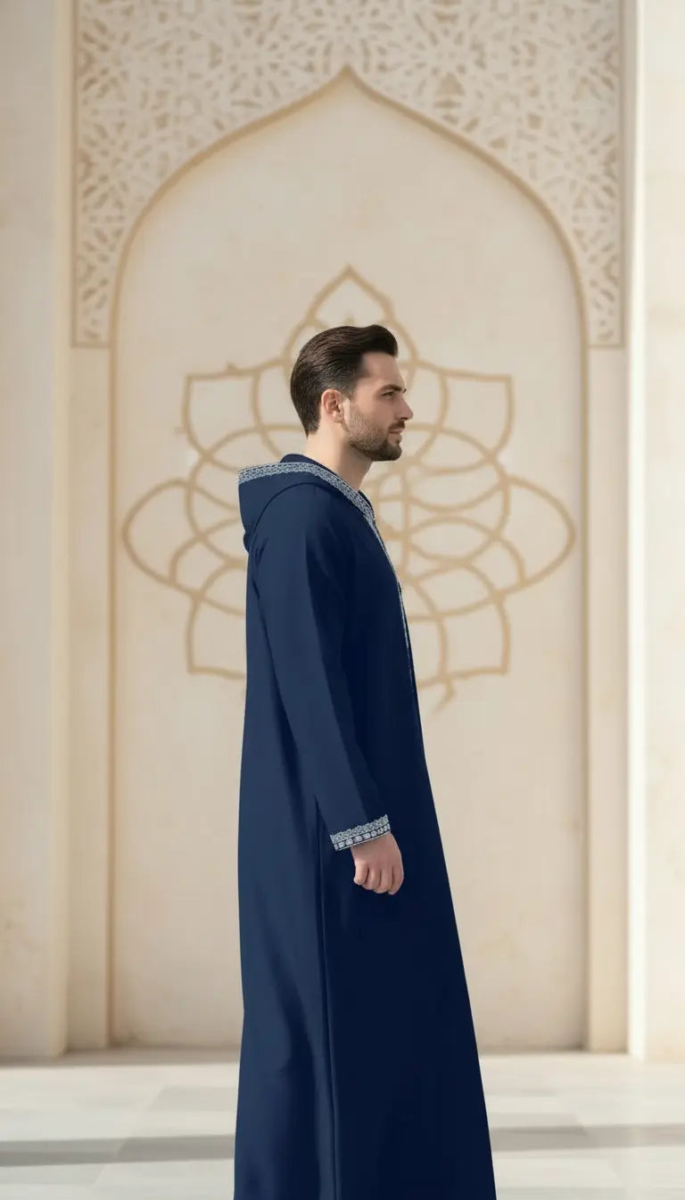 Azlan Signature navy blue men’s thobe by Rayyan & Co. with structured neckline and elegant Islamic menswear design
