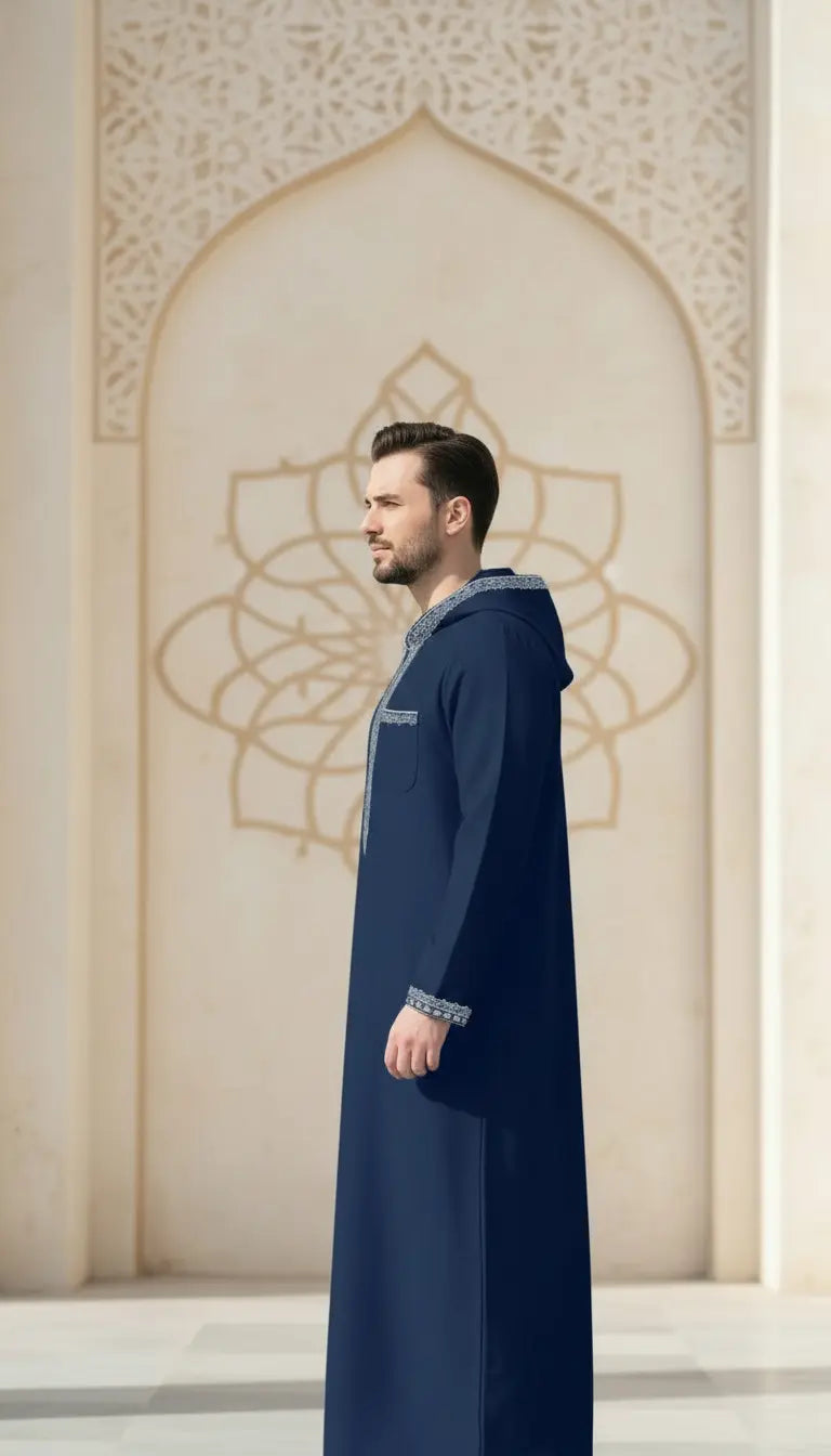 Azlan Signature navy blue men’s thobe by Rayyan & Co. with structured neckline and elegant Islamic menswear design