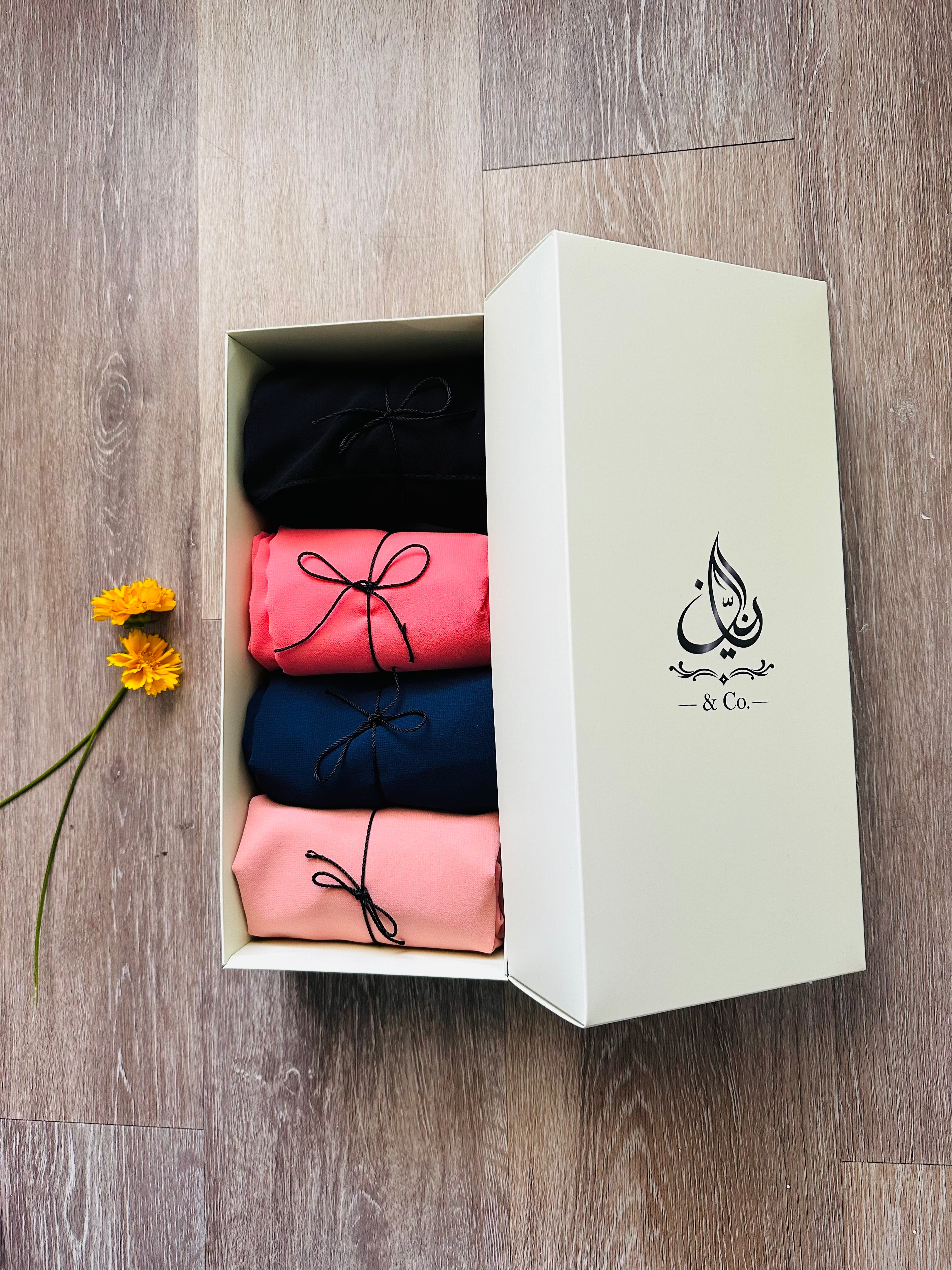 4 piece muslim chiffon Hijab. Good quality, washable and wrinkled free.