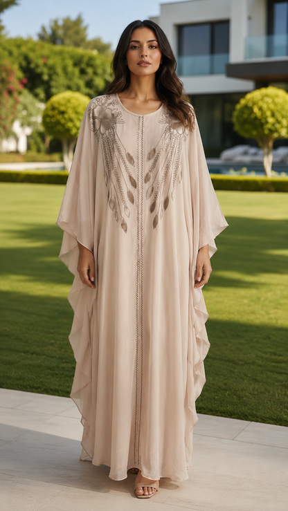 Ayla beige floral embroidered abaya with matching hijab for women by Rayyan & Co.