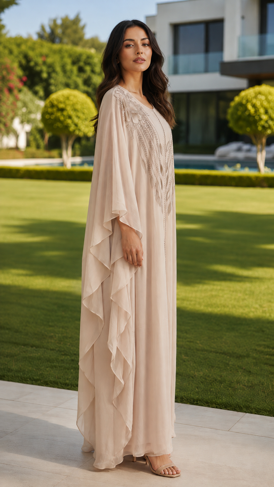 Ayla beige floral embroidered abaya with matching hijab for women by Rayyan & Co.