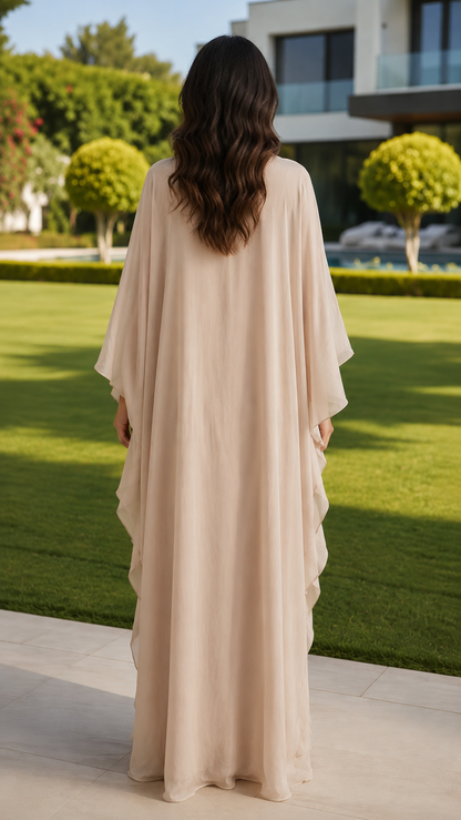 Ayla beige floral embroidered abaya with matching hijab for women by Rayyan & Co.