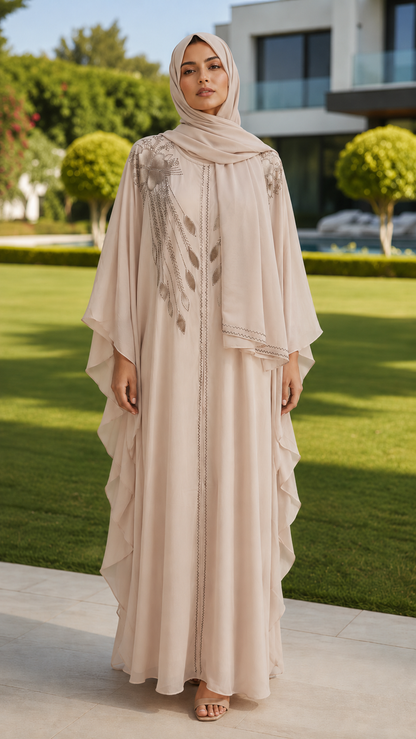 Ayla beige floral embroidered abaya with matching hijab for women by Rayyan & Co.