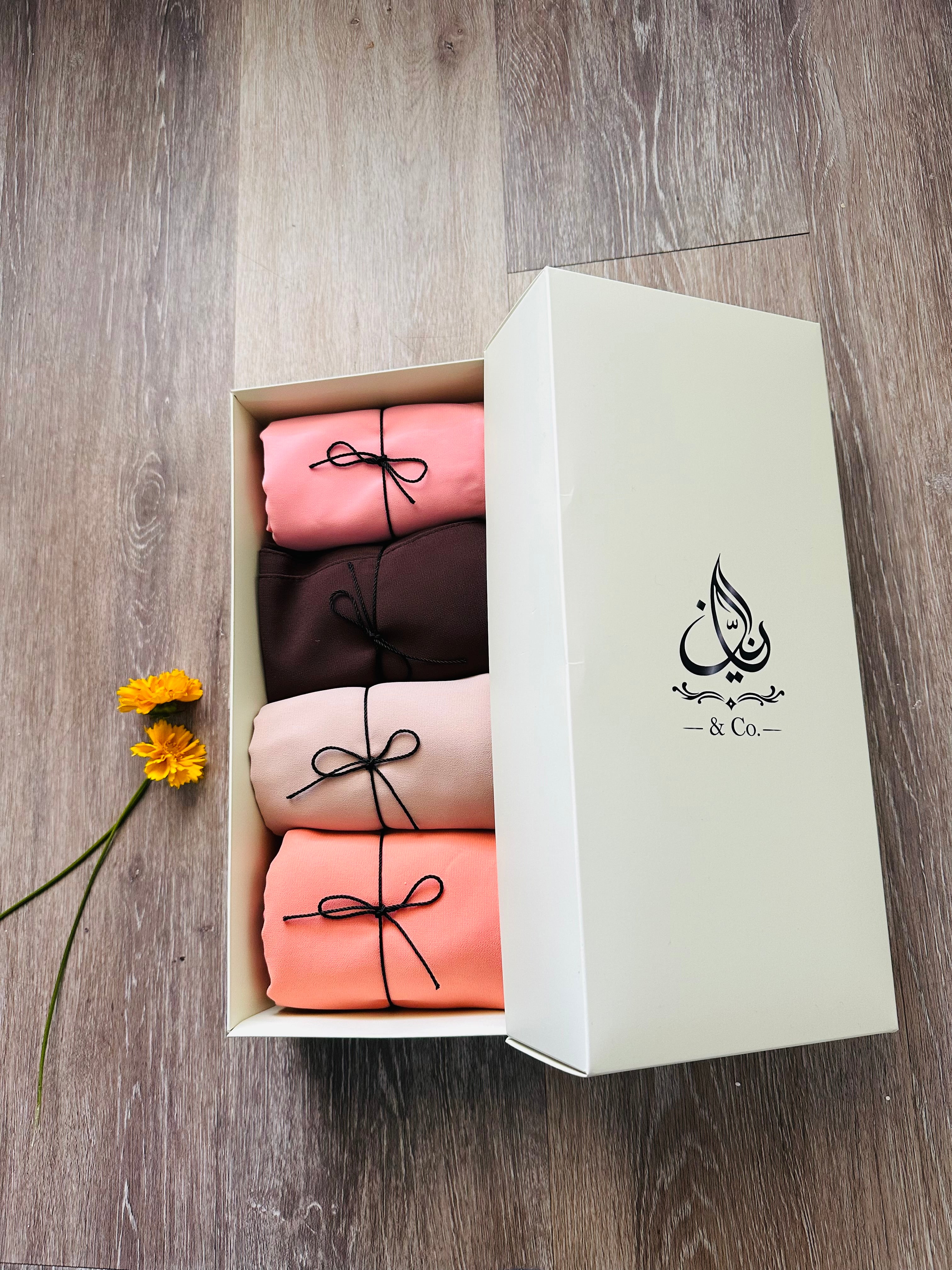 4 piece muslim chiffon Hijab. Good quality, washable and wrinkled free.