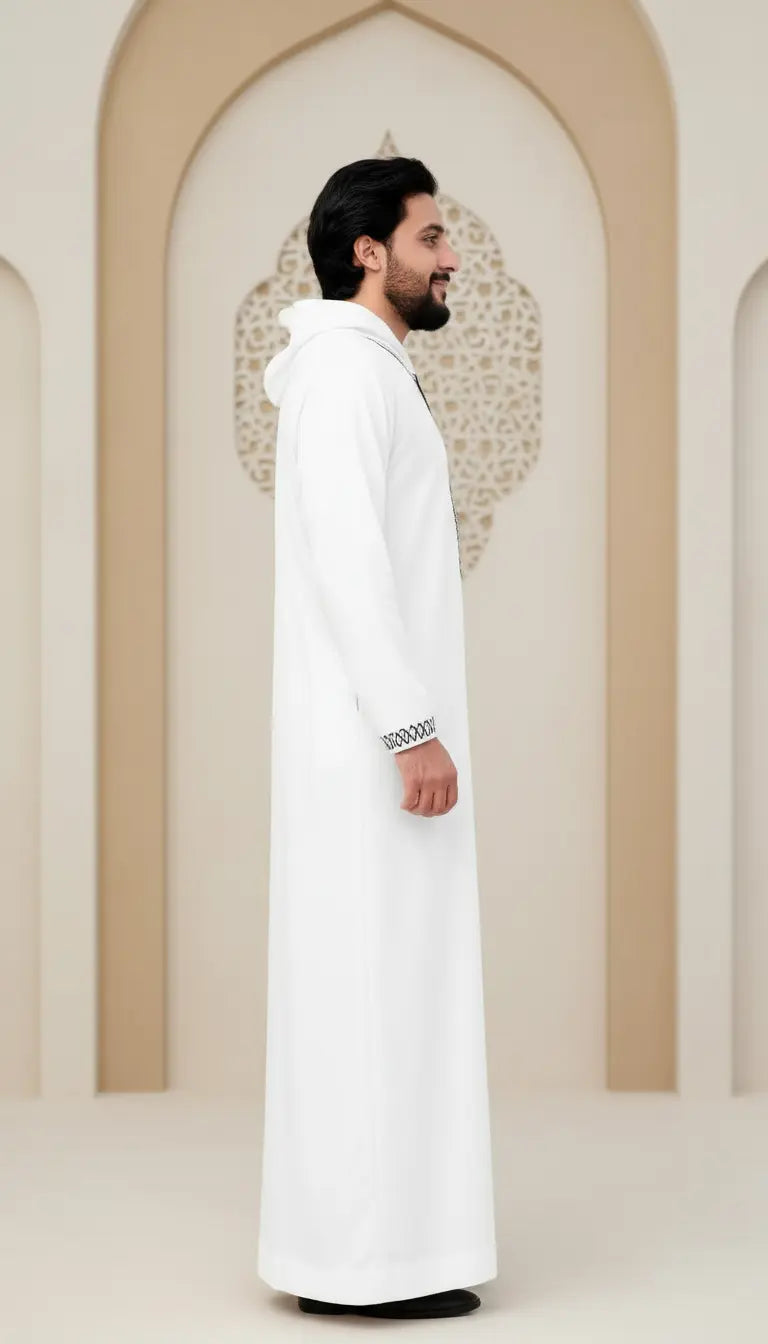 Faris Modern white men’s thobe by Rayyan & Co. with clean tailoring and contemporary Islamic menswear design