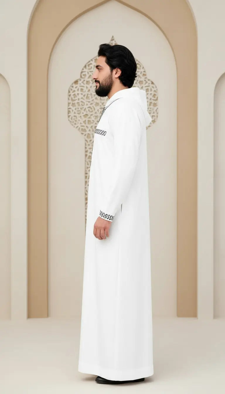 Faris Modern white men’s thobe by Rayyan & Co. with clean tailoring and contemporary Islamic menswear design