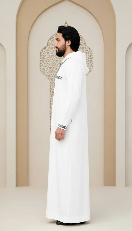 Faris Modern white men’s thobe by Rayyan & Co. with clean tailoring and contemporary Islamic menswear design