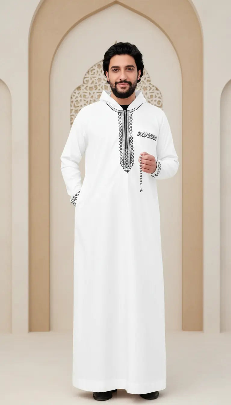 Faris Modern white men’s thobe by Rayyan & Co. with clean tailoring and contemporary Islamic menswear design