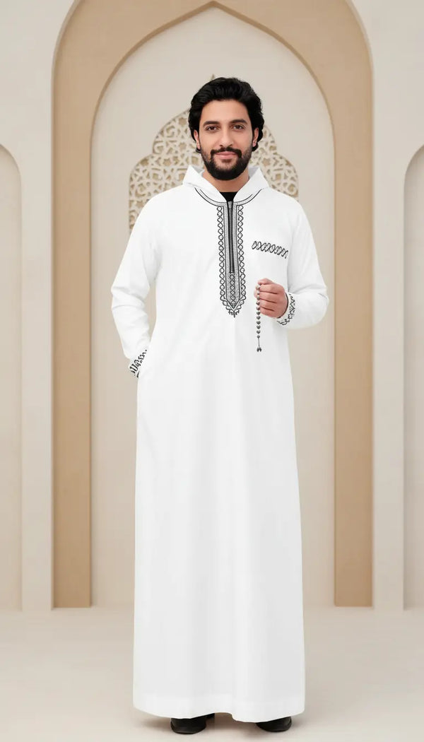 Faris Modern white men’s thobe by Rayyan & Co. with clean tailoring and contemporary Islamic menswear design