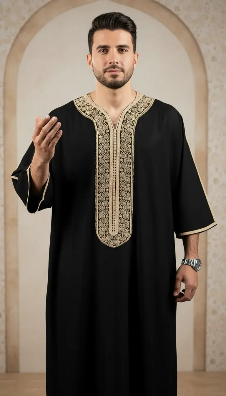 Imran Elite black embroidered men’s thobe by Rayyan & Co. with elegant gold detailing