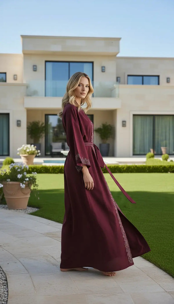 Layali maroon embroidered abaya dress for women by Rayyan & Co. with elegant flowing modest design