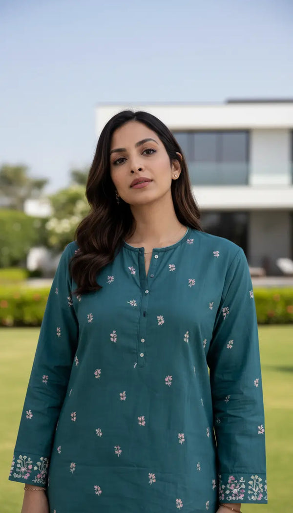 Lina teal embroidered modest kurta for women by Rayyan & Co. in Pakistani-inspired style