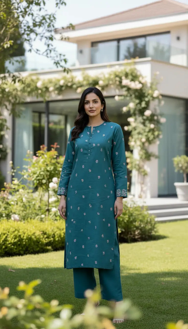 Lina teal embroidered modest kurta for women by Rayyan & Co. in Pakistani-inspired style