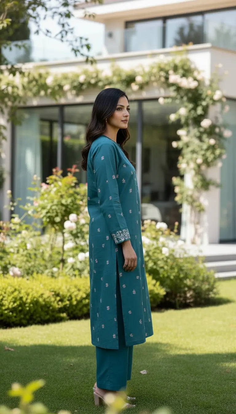 Lina teal embroidered modest kurta for women by Rayyan & Co. in Pakistani-inspired style