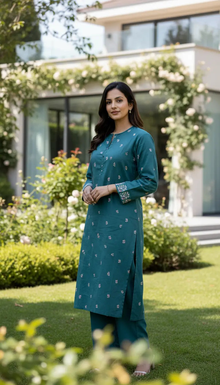 Lina teal embroidered modest kurta for women by Rayyan & Co. in Pakistani-inspired style
