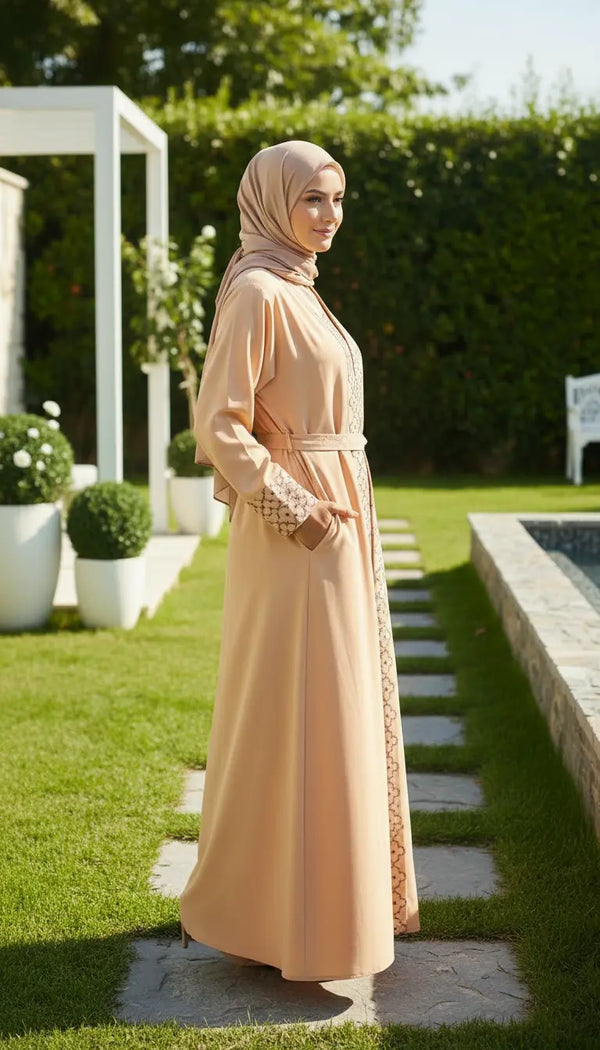 Noura camel beige embroidered abaya for women by Rayyan & Co. with elegant flowing modest design
