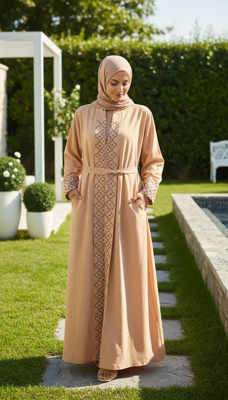 Noura camel beige embroidered abaya for women by Rayyan & Co. with elegant flowing modest design