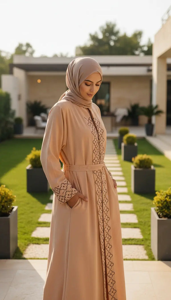 Noura camel beige embroidered abaya for women by Rayyan & Co. with elegant flowing modest design