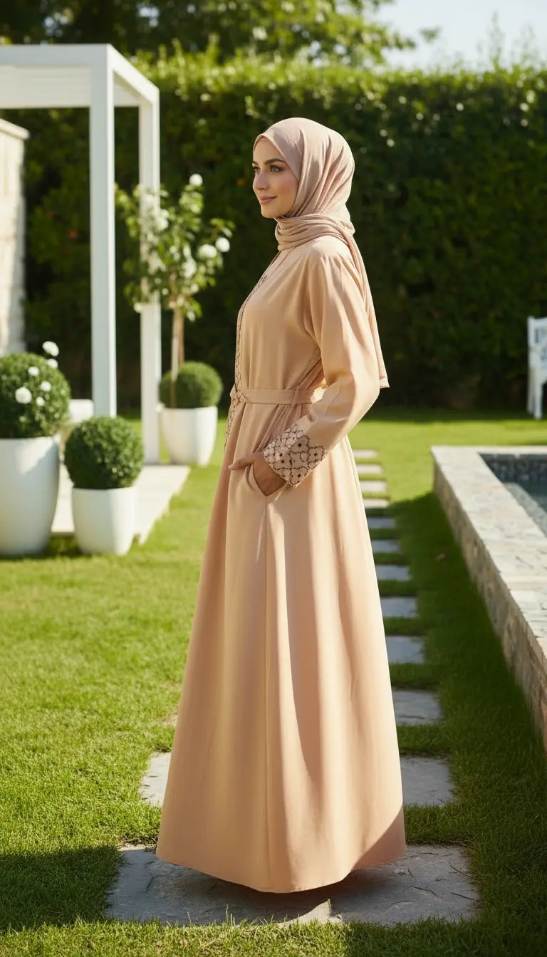 Noura camel beige embroidered abaya for women by Rayyan & Co. with elegant flowing modest design