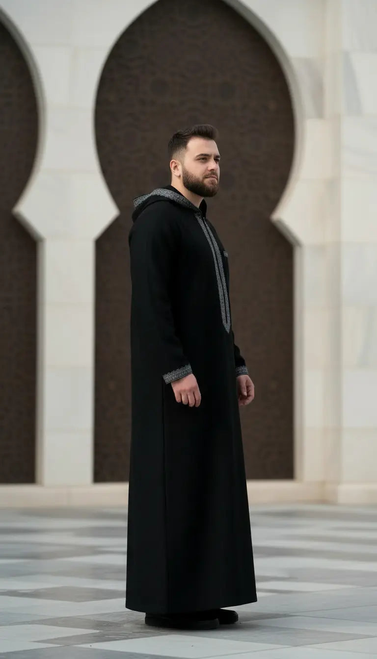 Omar Heritage black men’s thobe by Rayyan & Co. with refined stitching and classic Islamic menswear design