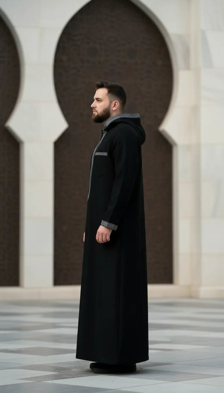 Omar Heritage black men’s thobe by Rayyan & Co. with refined stitching and classic Islamic menswear design