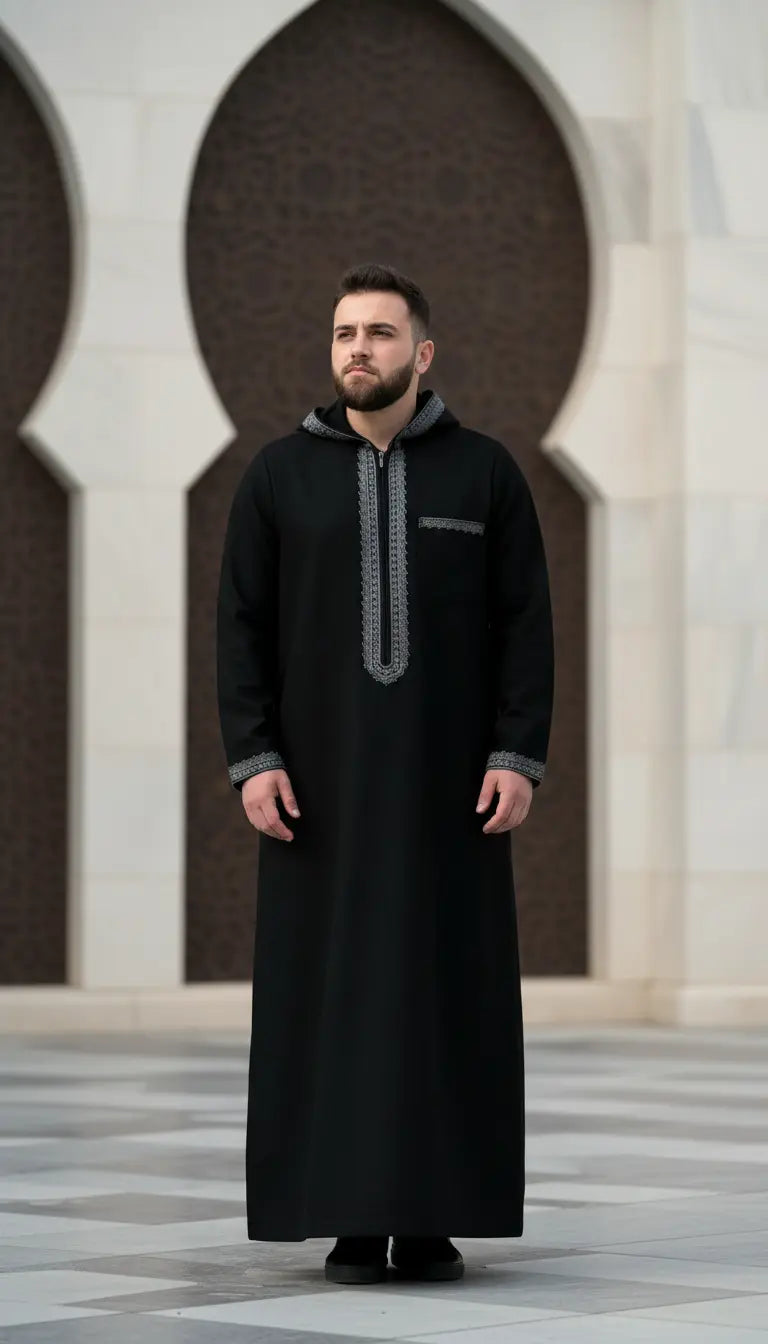 Omar Heritage black men’s thobe by Rayyan & Co. with refined stitching and classic Islamic menswear design