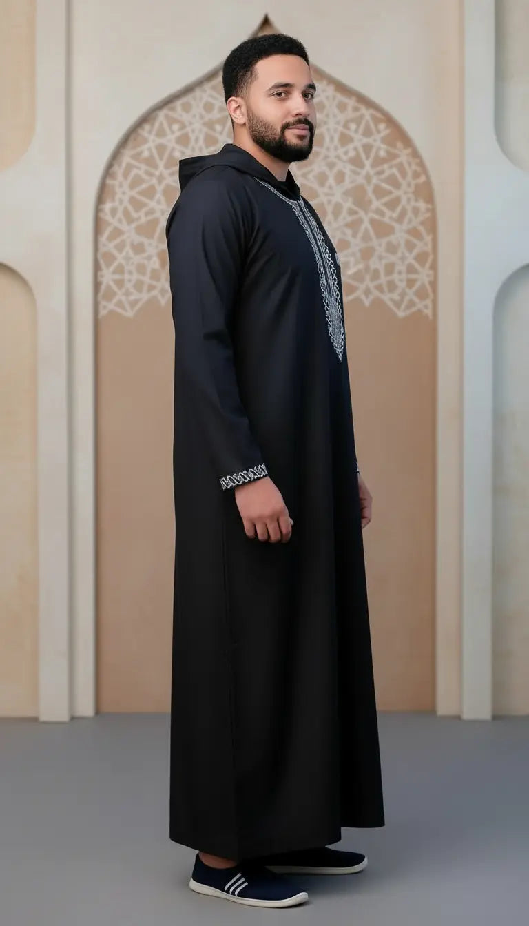 Rayan Prestige black men’s thobe by Rayyan & Co. with subtle detailing and elegant Islamic menswear design